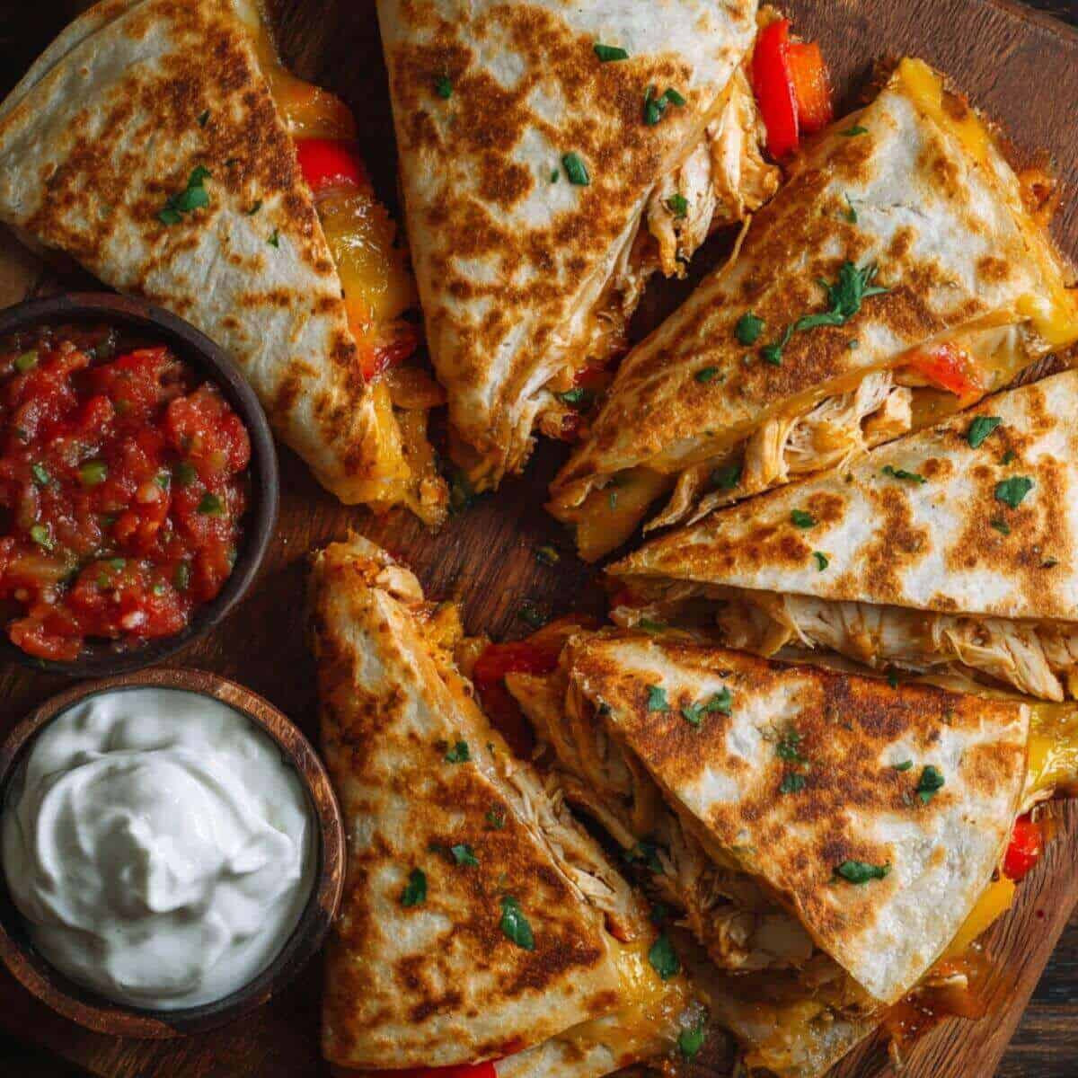 30 Minute Chicken Quesadillas cut into triangles and served with salsa and sour cream on a wooden board.