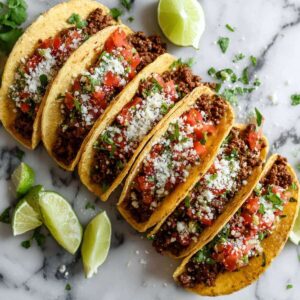 30 Minute Ground Beef Tacos filled with seasoned ground beef, fresh tomato salsa, cilantro, and crumbled cheese.