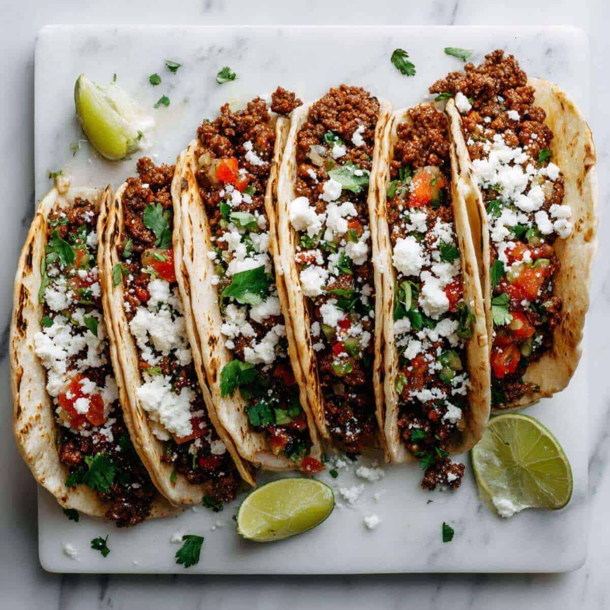 30 Minute Ground Beef Tacos filled with seasoned beef, fresh salsa, crumbled cheese, and cilantro.