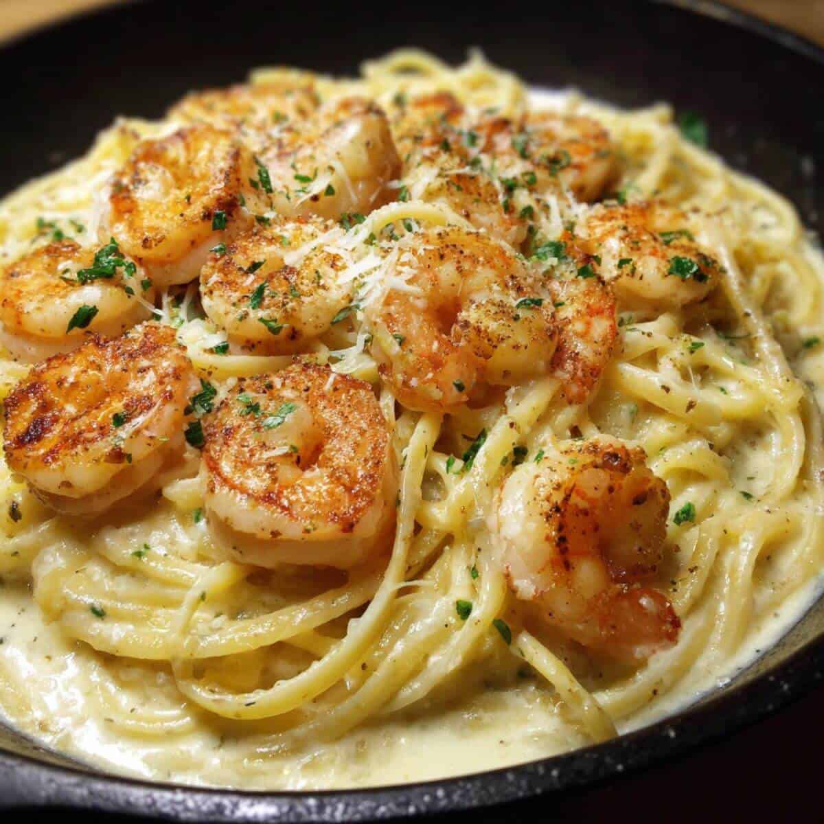 Finished 30 Minute Shrimp Alfredo topped with seasoned sautéed shrimp and grated Parmesan.