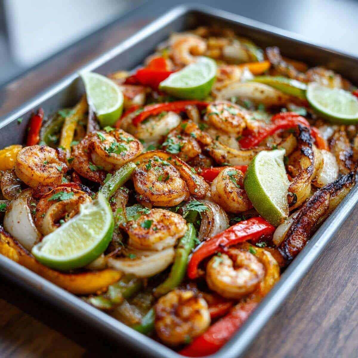 sheet pan shrimp fajitas, roasted bell peppers, onions, and lime wedges, garnished with chopped herbs.