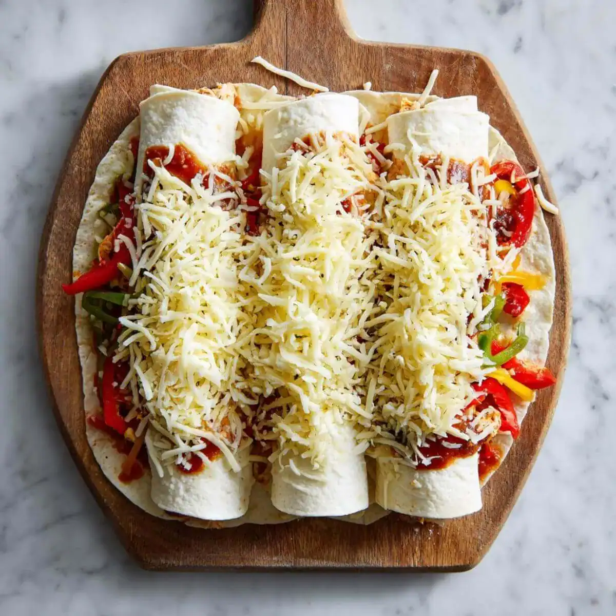 Assembly step for Freezer Chicken Enchiladas Recipe showing rolled tortillas filled with chicken and vegetables, topped with enchilada sauce and shredded cheese.