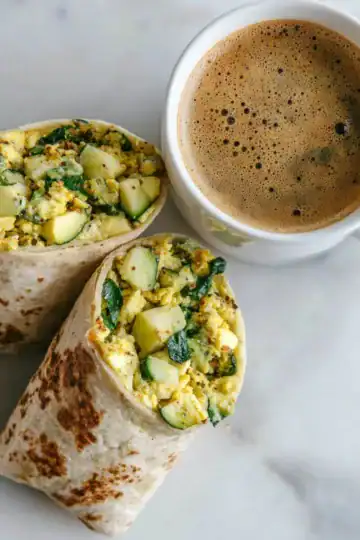 A perfect Freezer Breakfast Burritos Recipe, filled with scrambled eggs, zucchini, potatoes, and spinach, served beside a mug of hot coffee.