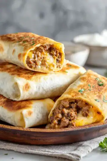 Crispy beef and cheese Freezer Burritos Recipe, with one burrito cut open to show the filling.