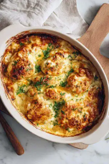 Baked Freezer Chicken Casserole Recipe in a white dish, topped with melted cheese and fresh herbs.