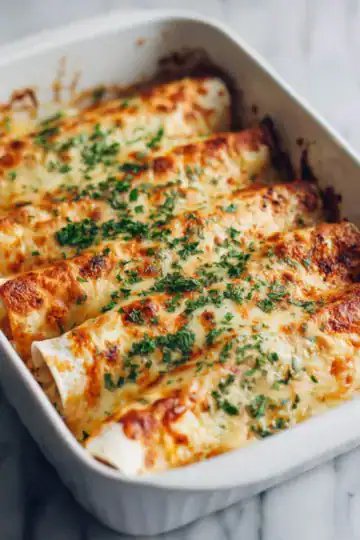 Golden-brown Freezer Chicken Enchiladas baked, topped with melted cheese and fresh chopped herbs.