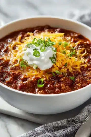 Warm, comforting Freezer Chili Recipe loaded with classic toppings.