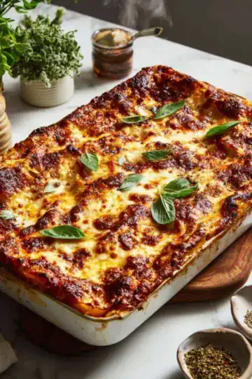 Baked lasagna in a dish with a golden cheese topping and basil, made for a Freezer Lasagna Recipe.