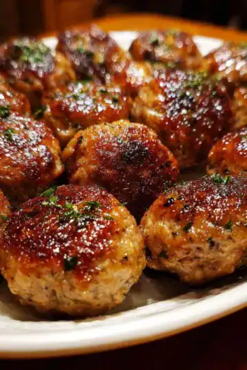 Golden-brown homemade meatballs arranged garnished with fresh herbs.