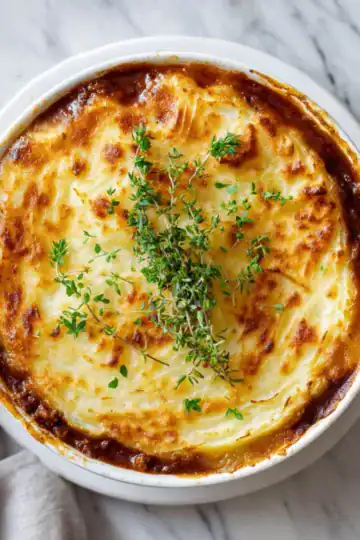 Golden-brown Freezer Shepherds Pie Recipe topped with mashed potatoes and fresh thyme in a white baking dish.