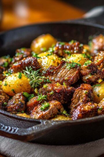 Juicy seared steak bites and crispy golden potatoes tossed in a rich garlic butter sauce, the perfect one-pan cast iron dinner!