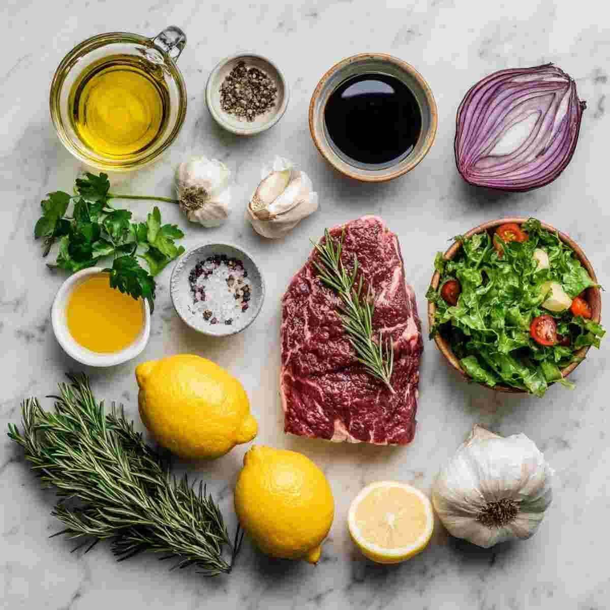 Fresh, vibrant ingredients laid out for making a quick and flavorful 30 Minute Steak Salad.