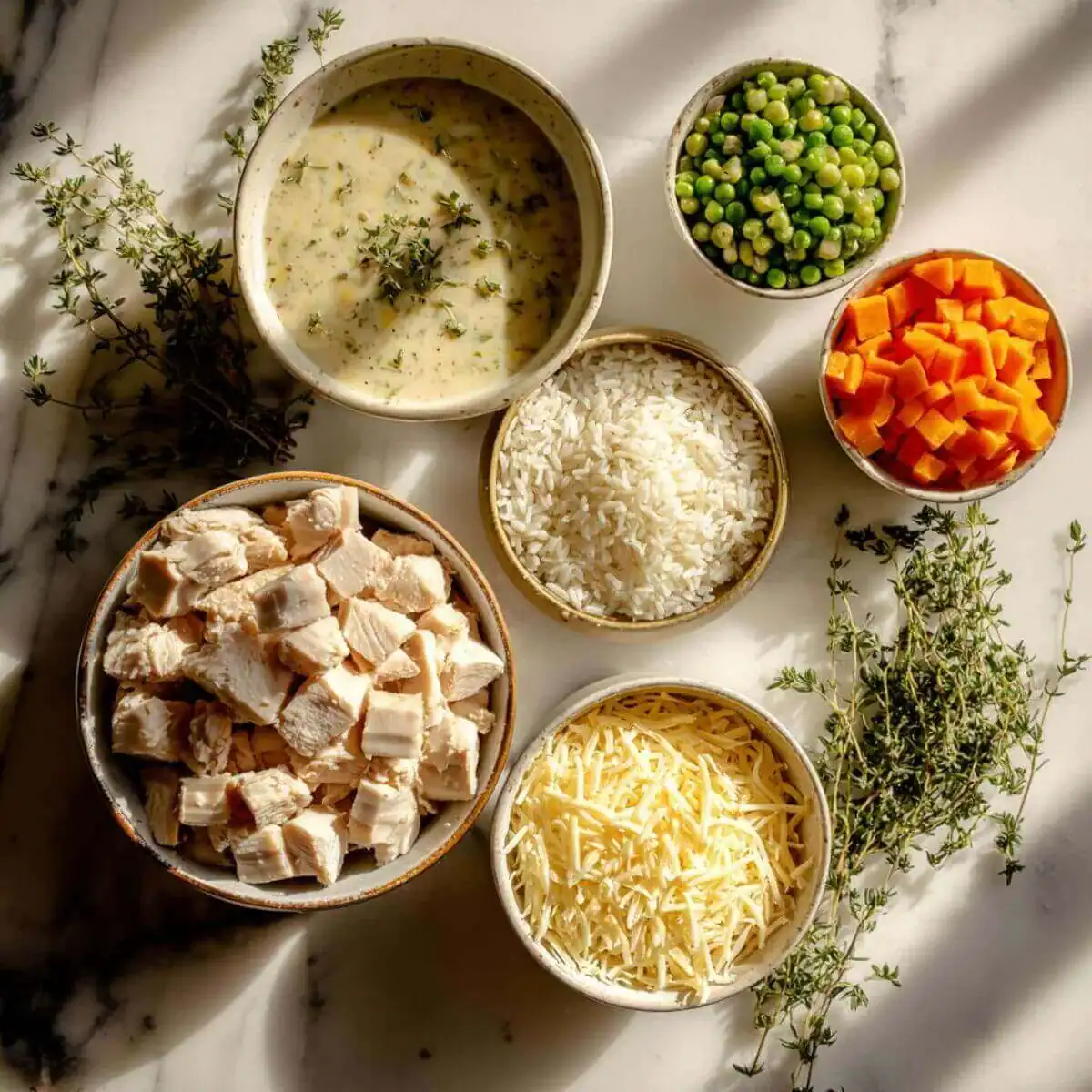 Simple, fresh ingredients ready to assemble a Freezer Chicken Casserole Recipe.
