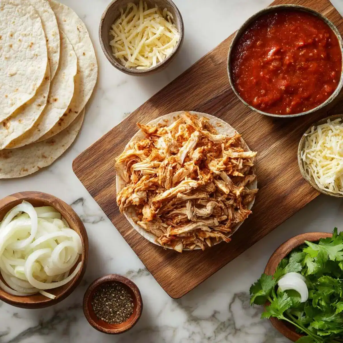 Ingredients for Freezer Chicken Enchiladas Recipe : shredded seasoned chicken, shredded cheese, tortillas, sliced onions, enchilada sauce, spices, and fresh cilantro.