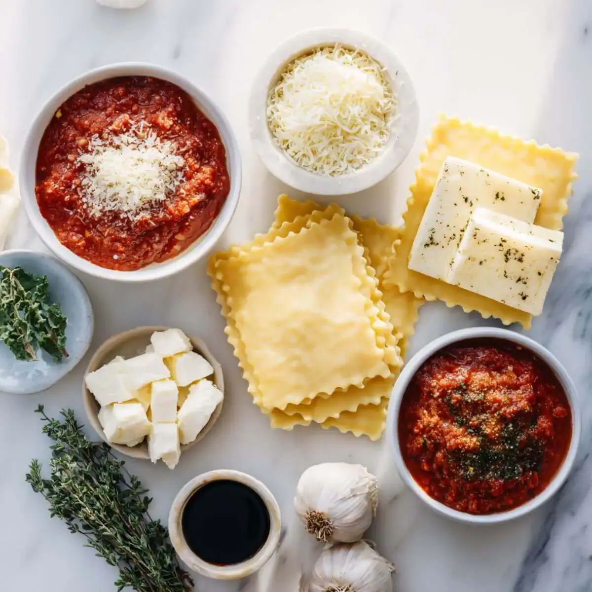 Gather the ingredients needed for a simple Freezer Lasagna recipe.