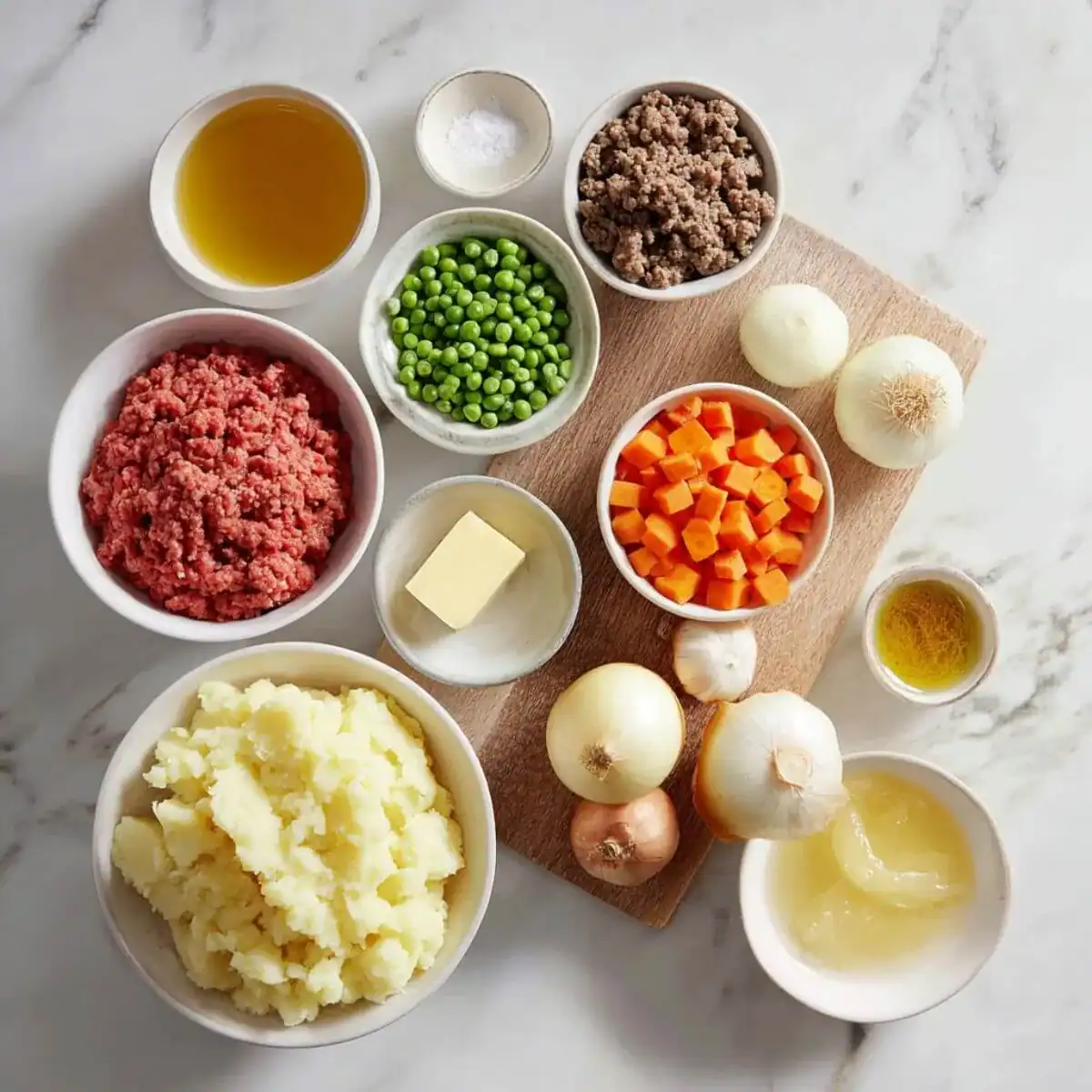 Assorted Shepherd’s Pie Recipe ingredients, including ground beef, mashed potatoes, peas, carrots, onions, broth, butter, and seasonings.