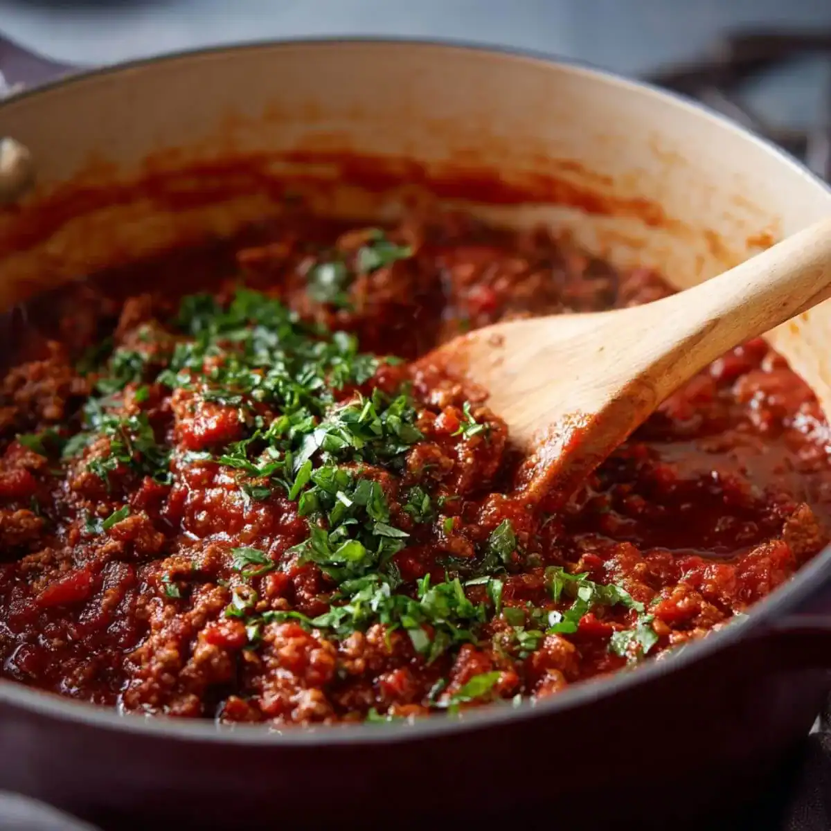 Rich meat sauce simmering for a Freezer Lasagna Recipe.