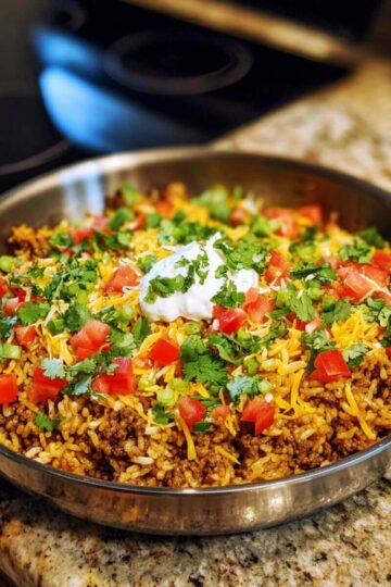 One pot taco rice skillet topped with fresh tomatoes, cheddar cheese, cilantro, and sour cream in a stainless-steel pan on a kitchen counter.