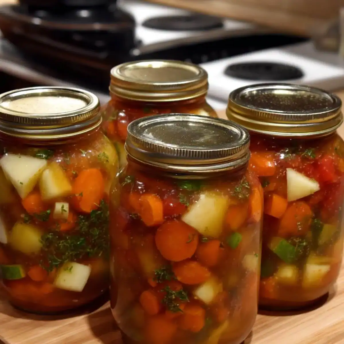 Jars of homemade freezer soup recipes filled with carrots, potatoes, tomatoes, and herbs, sealed and ready for storing.