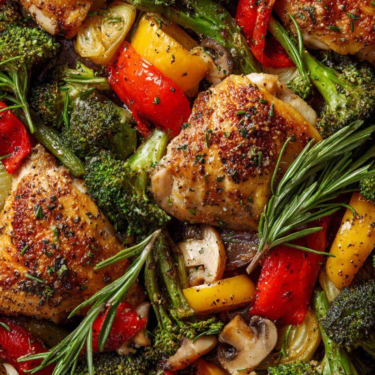Roasted chicken with colorful vegetables.
