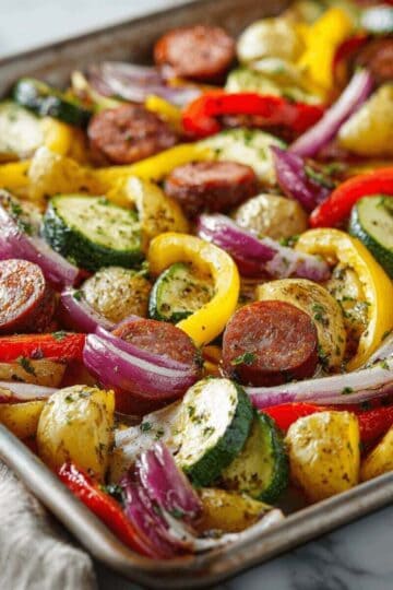 Colorful sheet pan sausage and veggies with roasted potatoes, zucchini, peppers, and onions baked together for an easy family dinner.