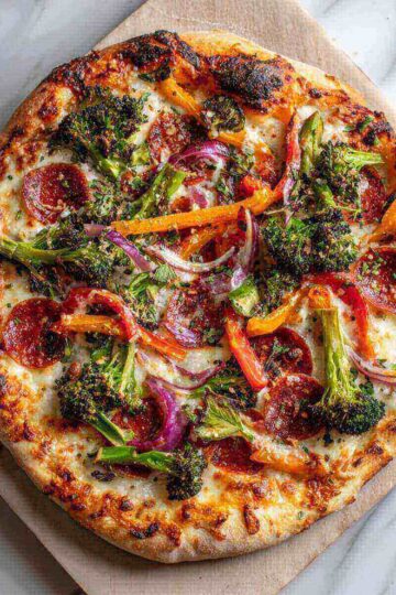 Sheet Pan Pizza topped with pepperoni, roasted broccoli, sliced red onions, and bell peppers on a golden, crispy crust.