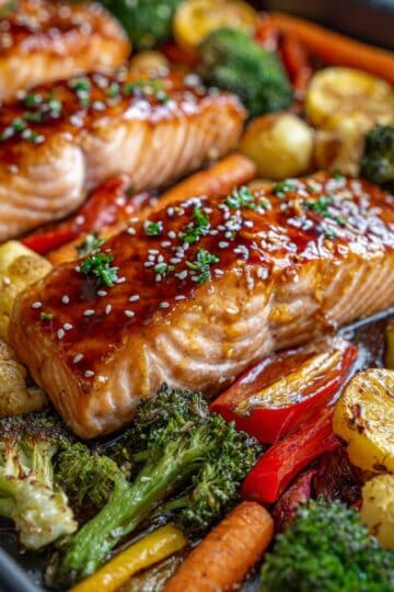 Sheet pan teriyaki salmon with honey soy glaze and roasted vegetables