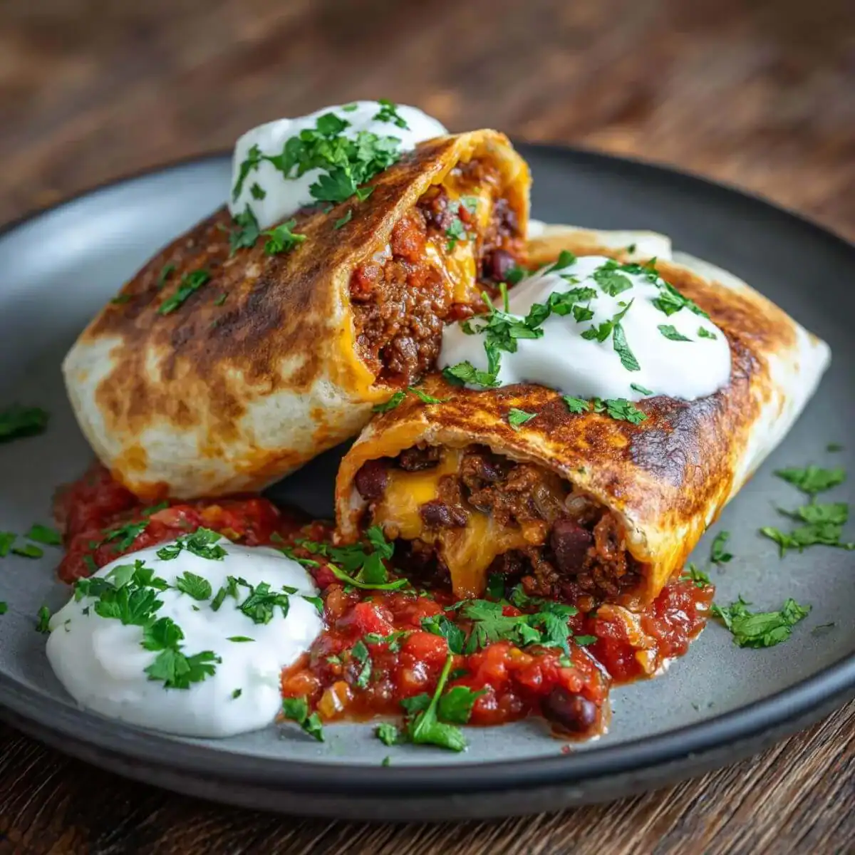 Cheesy beef and bean Freezer Burritos Recipe cut open on a plate, topped with sour cream and fresh cilantro.