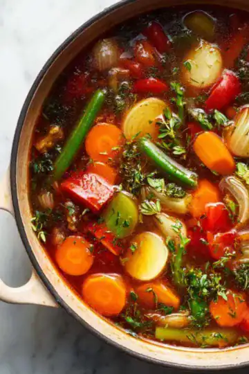Colorful vegetable broth simmering in a pot with carrots, green beans, celery, tomatoes, and herbs, freezer soup recipes.