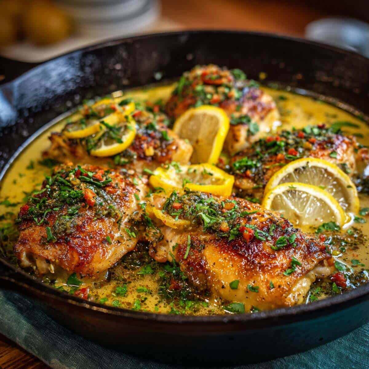 lemon garlic butter chicken thighs topped with fresh herbs and lemon slices in a flavorful sauce
