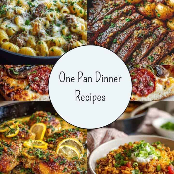 A collage of one-pan dinner recipes including creamy pasta, sliced steak with potatoes, sheet pan pizza, lemon chicken