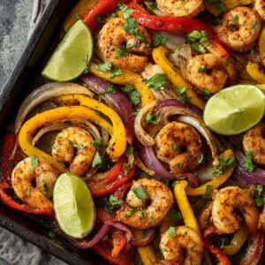 A sheet pan filled with seasoned cooked shrimp, sliced red, yellow, and orange bell peppers, and red onions, garnished with chopped cilantro and lime wedges.