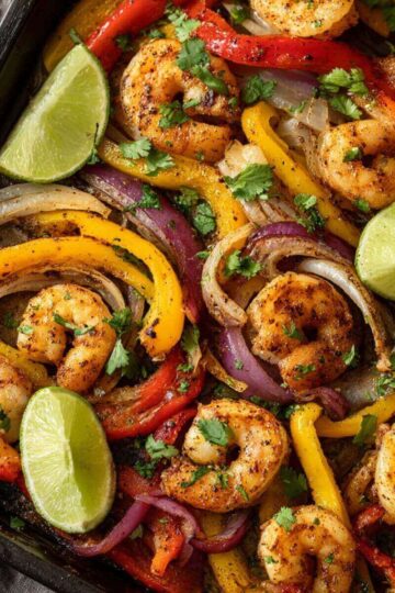 A sheet pan filled with seasoned cooked shrimp, sliced red, yellow, and orange bell peppers, and red onions, garnished with chopped cilantro and lime wedges.