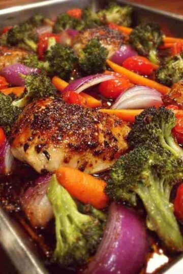 Sheet pan balsamic chicken baking with broccoli, carrots, cherry tomatoes, and red onion.