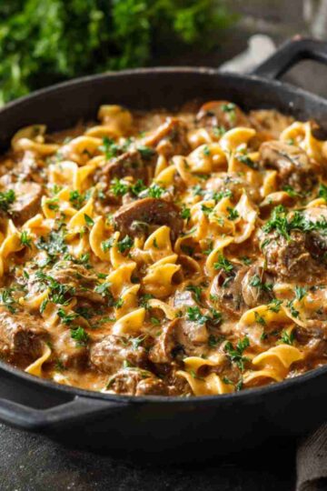Creamy one pot beef stroganoff with egg noodles, mushrooms, and tender beef in a skillet.