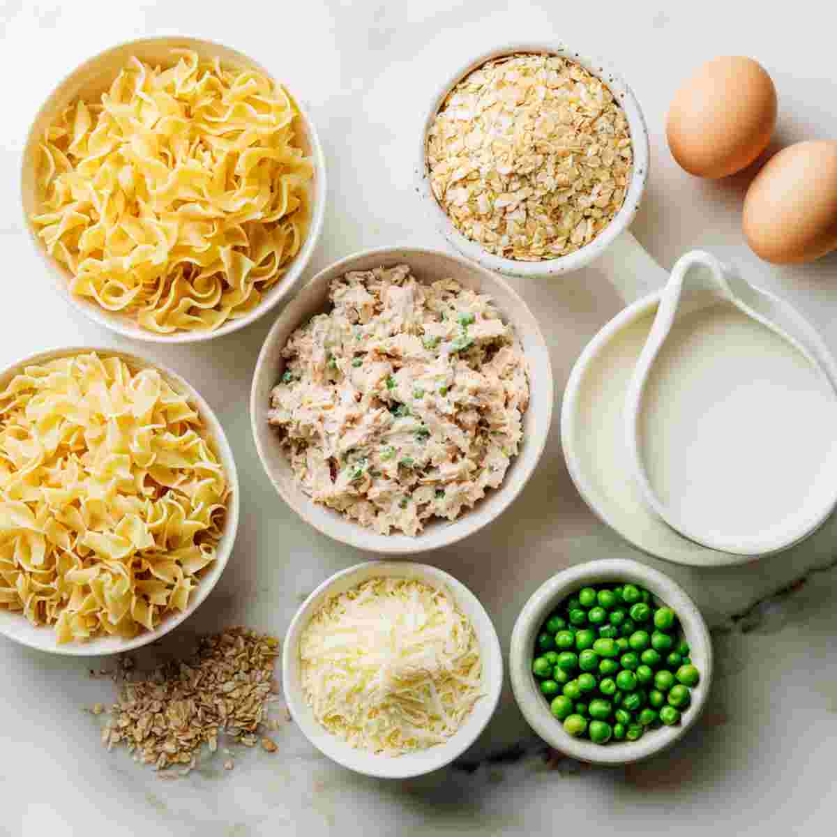 Ingredients for Freezer Tuna Casserole neatly arranged on the kitchen counter, including egg noodles, canned tuna, milk, cheese, peas, and breadcrumbs in small bowls.