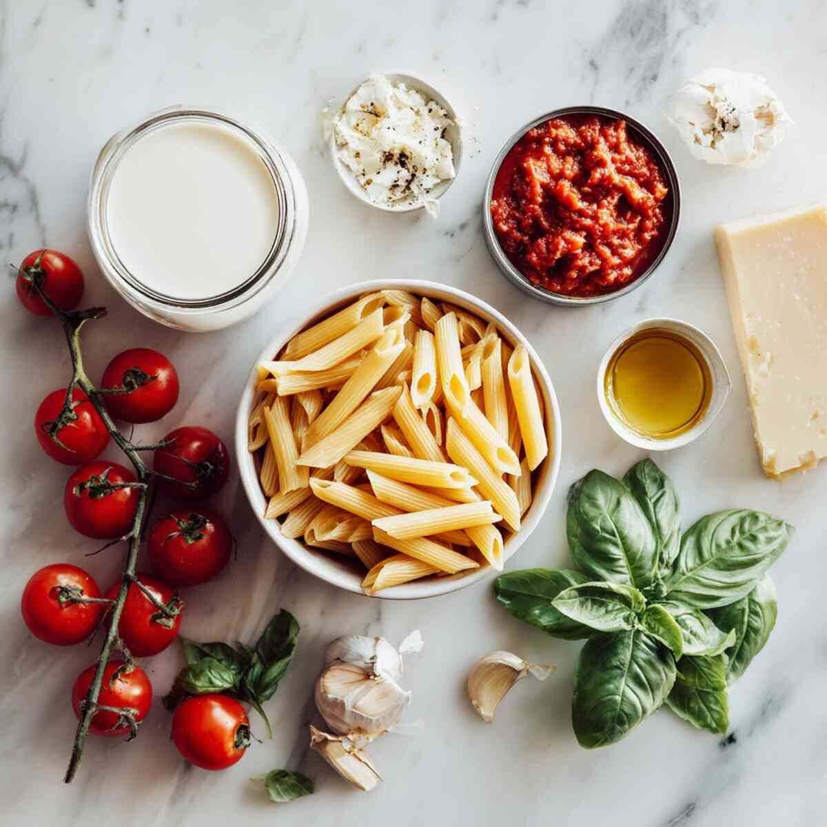 Ingredients for one pot creamy tomato basil pasta including penne, cherry tomatoes, basil, garlic, cream, Parmesan, olive oil, and tomato sauce.