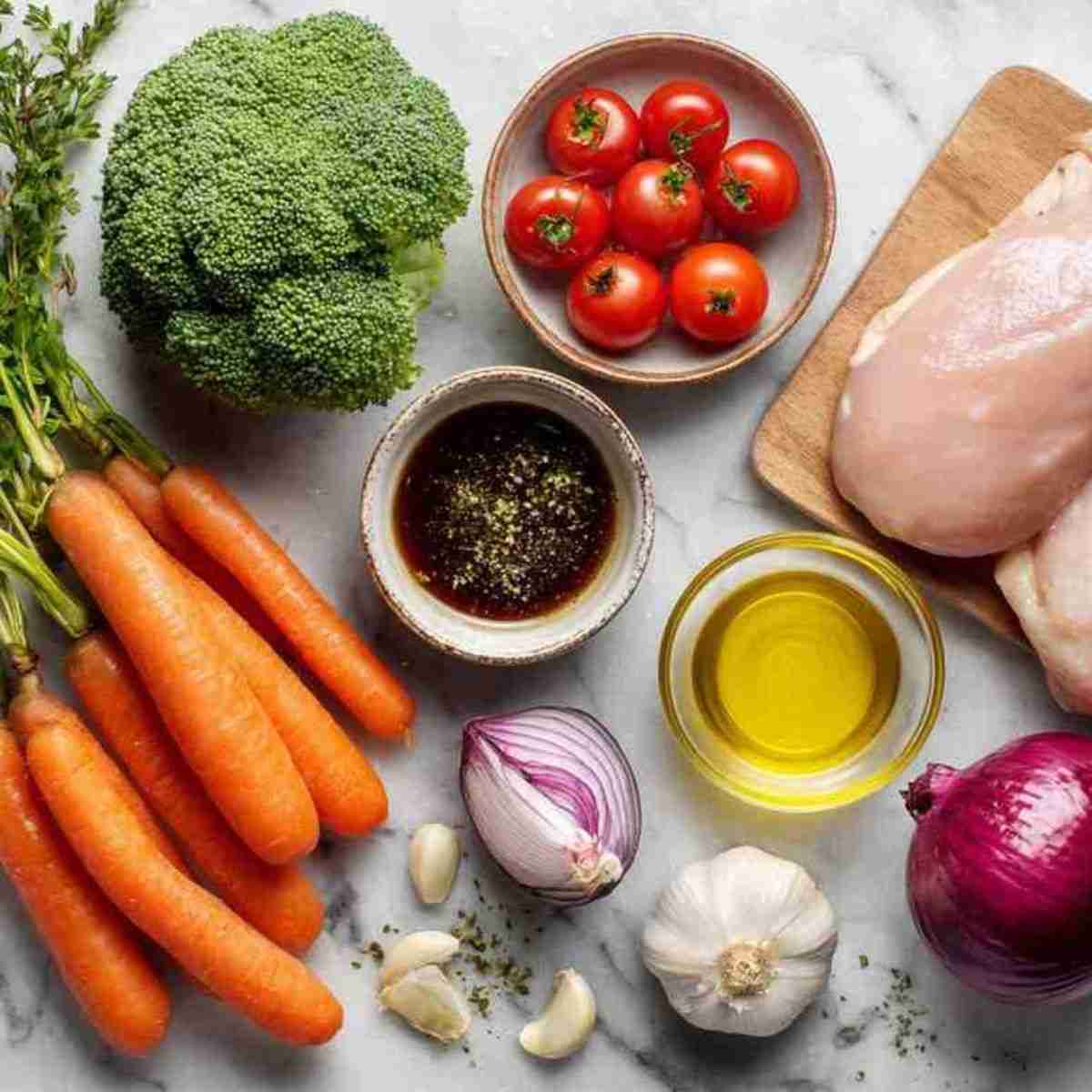 Ingredients for sheet pan balsamic chicken including chicken thighs, broccoli, carrots, cherry tomatoes, garlic, red onion, olive oil, and balsamic sauce.
