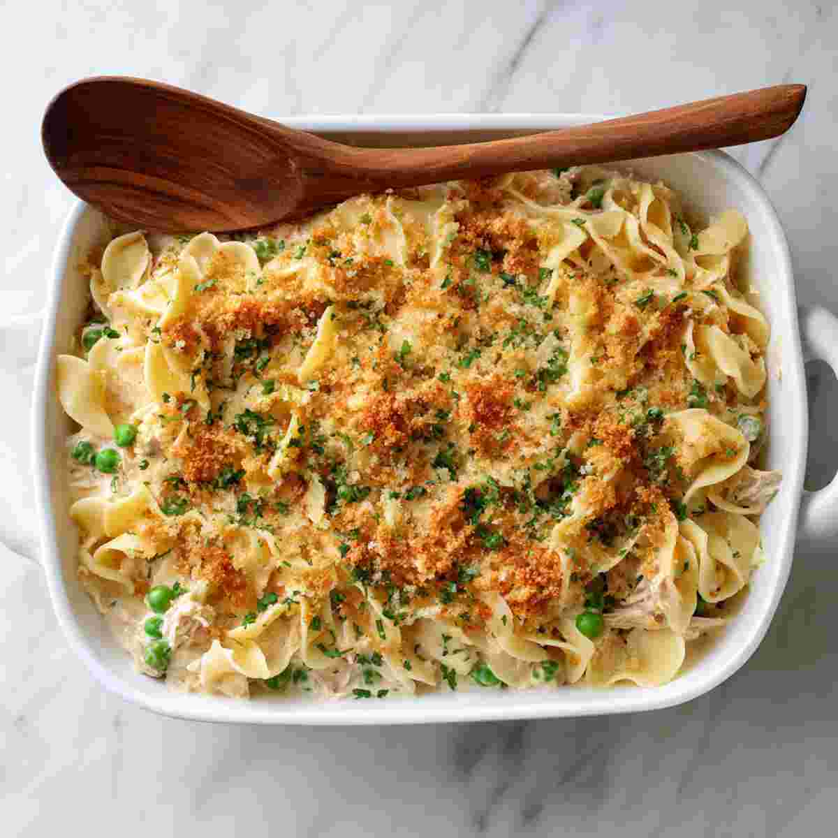 A shot of Freezer Tuna Casserole in a white baking dish, showing creamy sauce, golden breadcrumb topping, tender egg noodles, and peas.