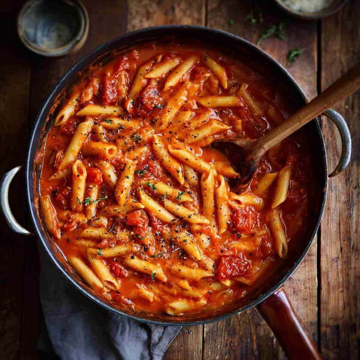 Mixing cooked penne with creamy tomato basil sauce in a skillet, preparing one pot creamy tomato basil pasta.