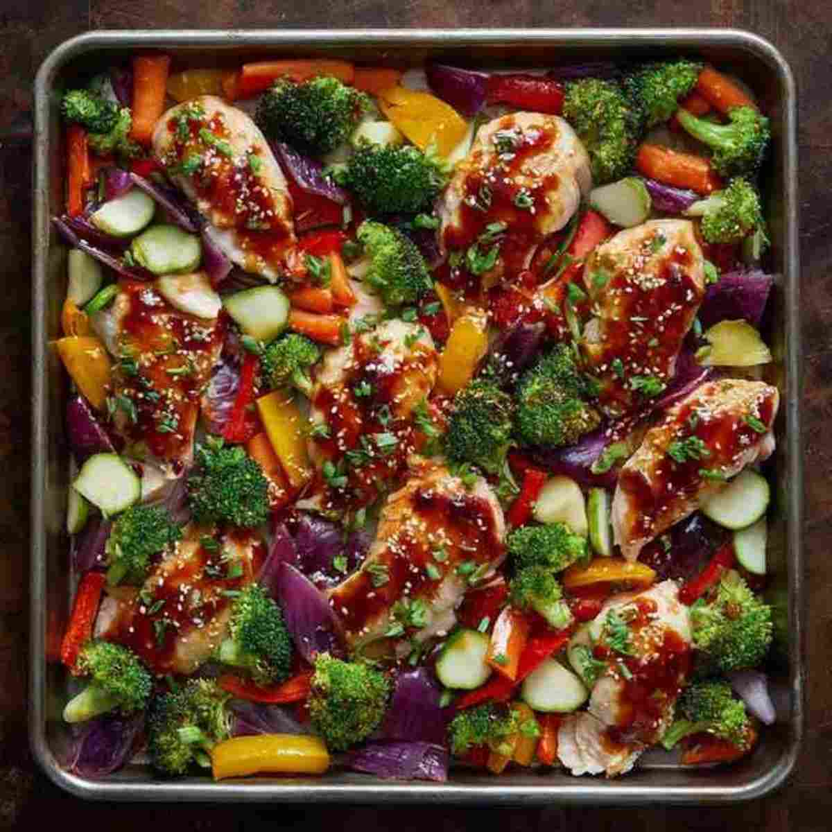 Sheet pan balsamic chicken arranged with broccoli, bell peppers, zucchini, carrots, and red onion before roasting.
