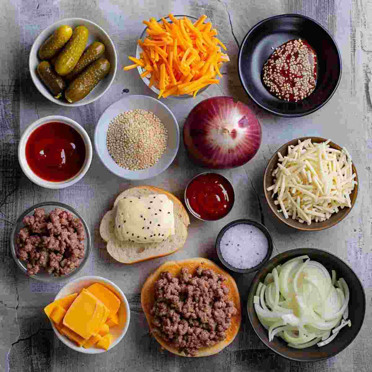 ingredients for 30-minute cheeseburger sliders with ground beef cheese rolls and pickles