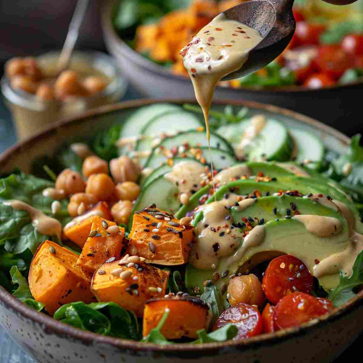 Close-up of 30 Minute Sweet Potato Bowls with tahini drizzle