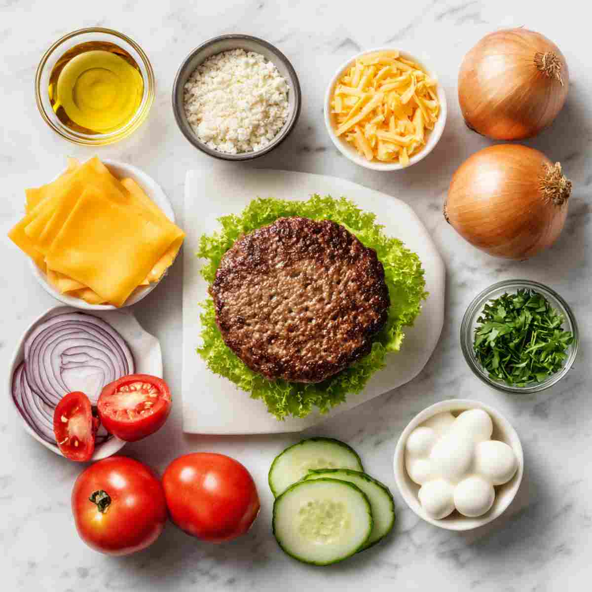 Ingredients for a 30-Minute Cheeseburger Dinner, including ground beef, cheddar cheese, burger buns, lettuce, tomatoes, pickles, and seasonings.