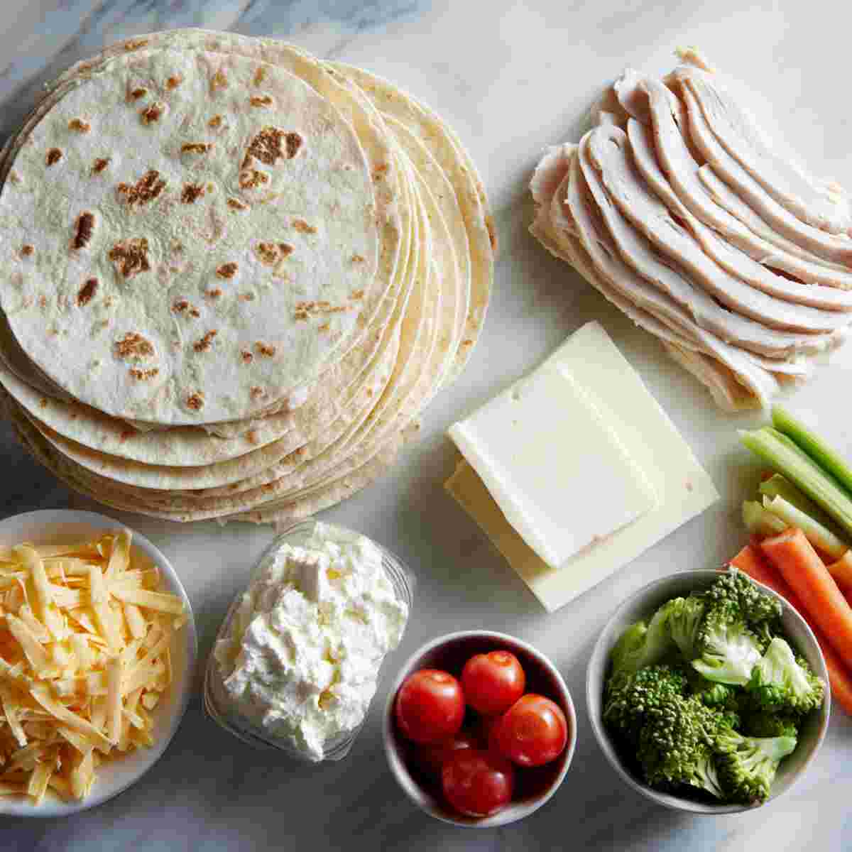 Ingredients for freezer sandwich wraps including tortillas, sliced turkey, cheese, cream cheese, and fresh vegetables.