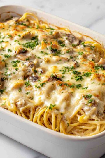 Freezer Turkey Tetrazzini with creamy sauce-coated spaghetti, golden melted cheese, and a sprinkle of parsley.