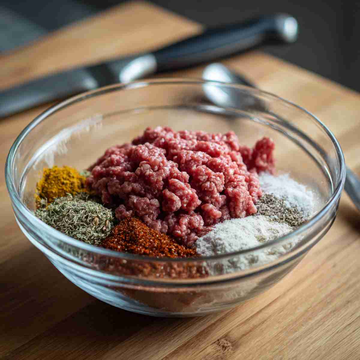Ground beef in a large bowl seasoned with salt, pepper, garlic powder, onion powder, and Worcestershire sauce.