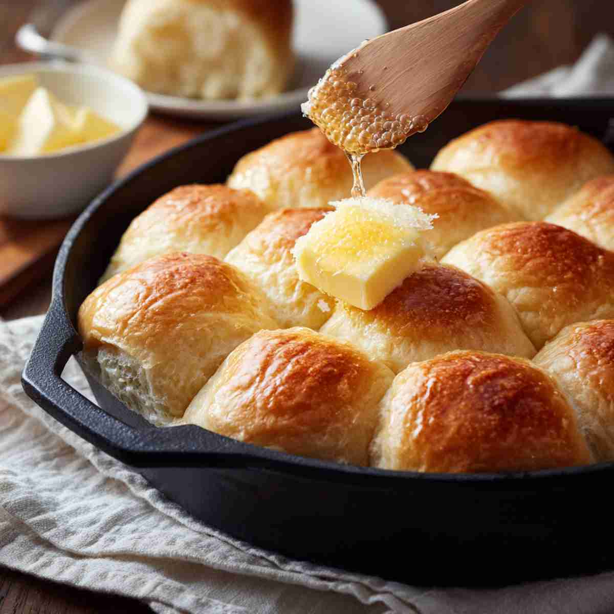 Butter being spread on the cut sides of a burger bun.