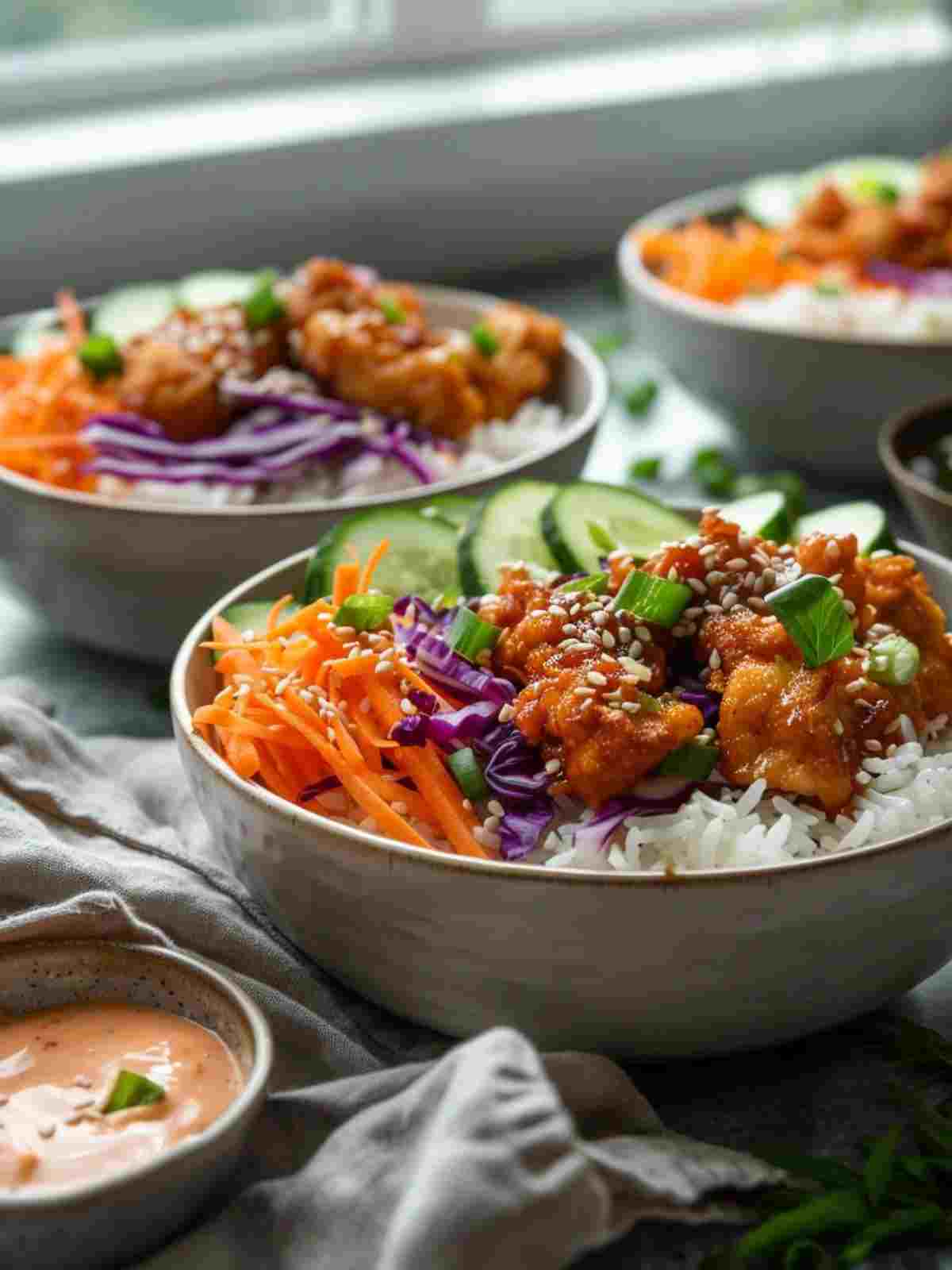 Bang bang chicken bowl served with crispy chicken, rice, cabbage, carrots, cucumber, and sauce