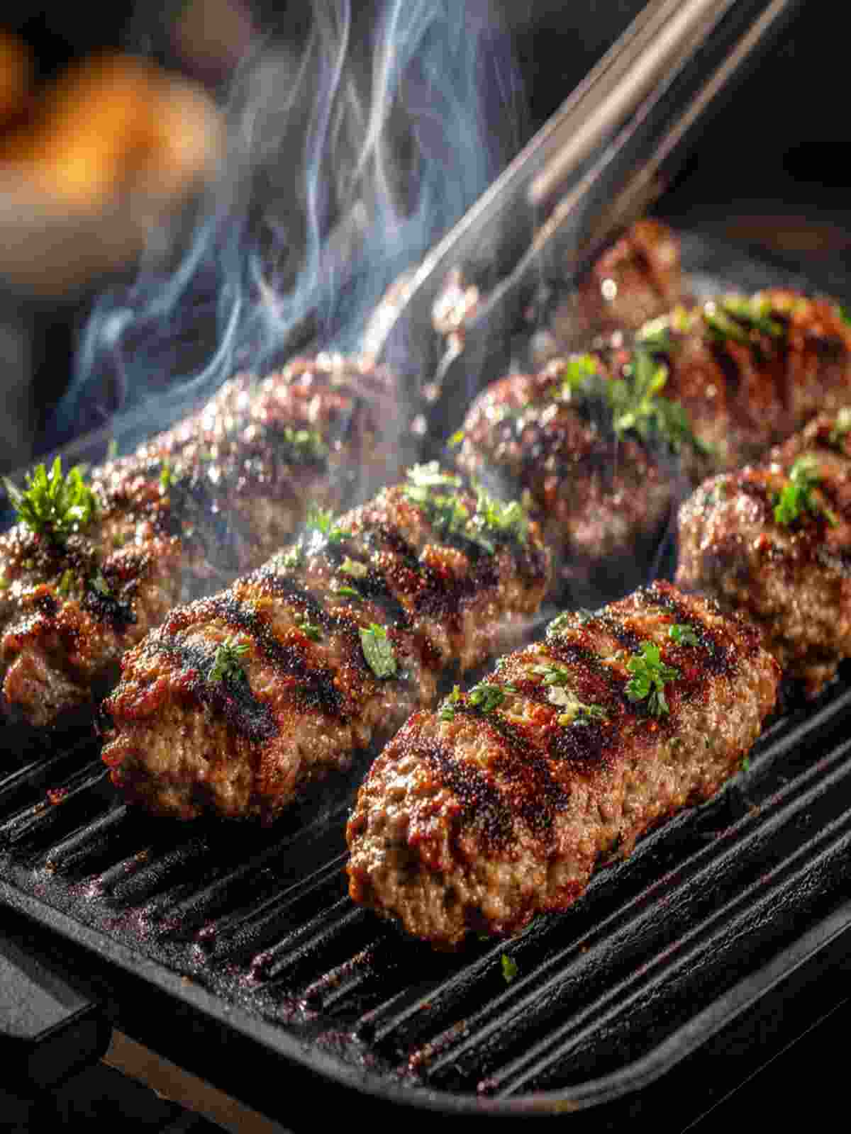 beef kafta kebabs being shaped around skewers before cooking